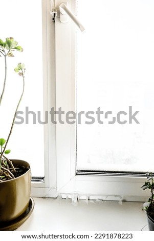 vertical window photo, frozen window sill, ice under the window. selective focus