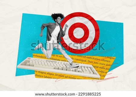 Magazine banner picture collage of young guy running fast on keypad typing planning company progress reach financial targets