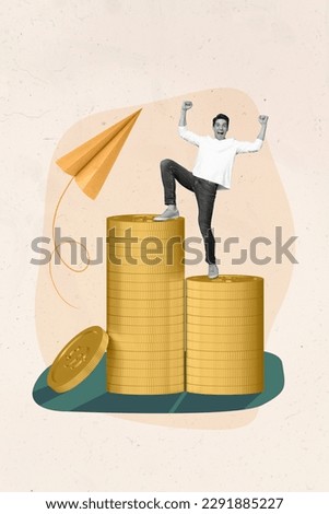 Vertical collage image of mini excited black white gamma guy stand pile stack money coins raise fists accomplishment growing arrow upwards
