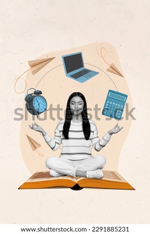 Banner poster collage of young lady sit open paper book feel peaceful life balance work schedule education project