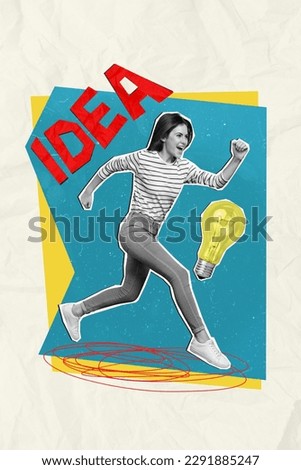 Vertical collage photo young female runner girl have brilliant great idea plan thought creative painting background