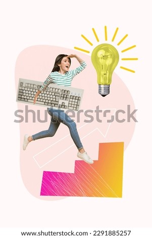 Poster banner template collage of inspired happy girl manager working long hours on computer find finally great idea step staircase up