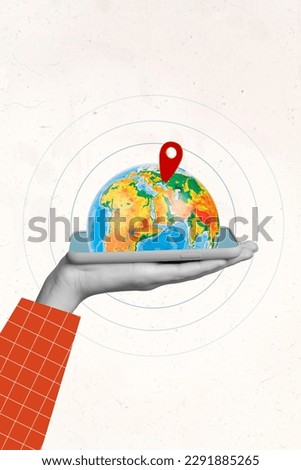 Template magazine collage of person hold smart gadget with map gps navigator app search new country for holiday journey
