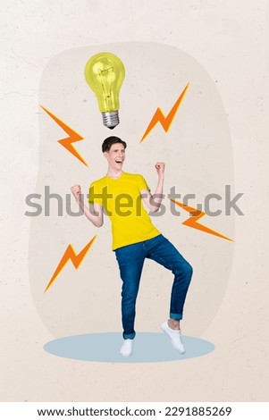 Template magazine image collage of inspired business work guy raise fists creative great idea about career development with lightbulb