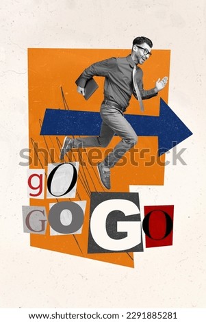 Vertical collage image of mini black white effect excited guy hold netbook run go big arrow indicator isolated on creative background