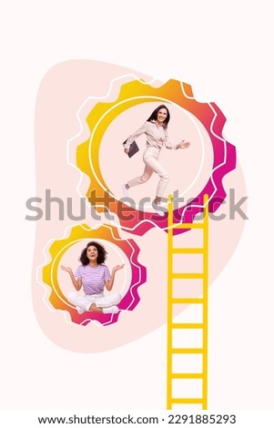 Vertical template creative photo collage of positive happy women work together in company at same project isolated white color background