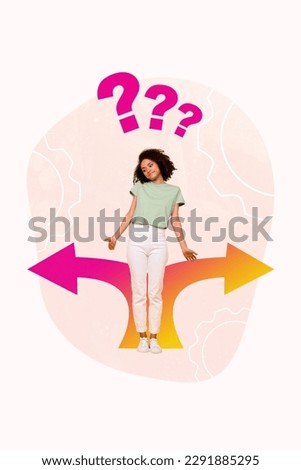 Vertical collage image of mini questioned minded girl shrug shoulders decide choose two ways arrow pointer isolated on white background Royalty-Free Stock Photo #2291885295