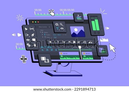 The Video Editor Program is displayed on the computer. The display shows the Application for editing Video clips. Film Footage montage. Clip Editing Software Interface. Creating visual effects vfx.  Royalty-Free Stock Photo #2291894713