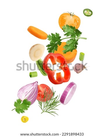 Spice mix for dish. Set of falling fresh vegetables and herbs on white background Royalty-Free Stock Photo #2291898433