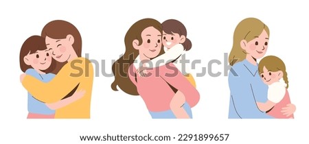 Happy Mother's day character design vector. Flat hand drawn style mom hugging daughter in her arm. Mother's day concept illustration design for decoration, greeting card, cover, print, banner Royalty-Free Stock Photo #2291899657