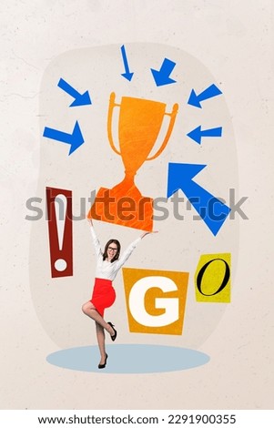 Drawing picture advert collage of successful girl courage confident leader achieve goal huge golden trophy never give up concept