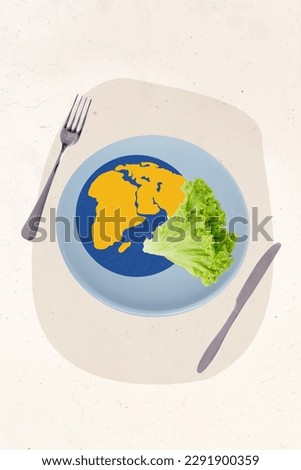 Poster banner template collage of earth picture on plate table with kitchen fork knife salad leaf celebrate natural eco vegan day