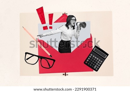 Template poster banner collage of angry executive lady send letter to her employee scream deadline working with megaphone
