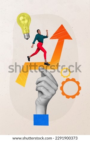 Banner poster template collage of excited company lady guy follow lead way to success solving dilemma startup financial success