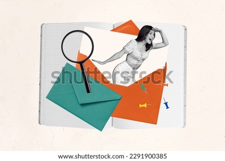 Magazine drawing template collage of excited lady read incredible news from letter about sale discount search watch