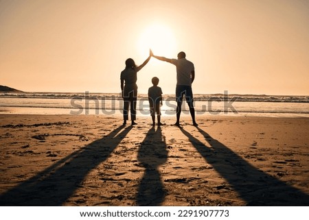 Family silhouette at beach, protection and sunset with people, safety and security with parents and child outdoor. Mother, father and kid in nature, back and ocean view with love, care and support