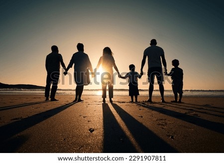 Family silhouette at beach, generations holding hands at sunset and people with love, care and support outdoor. Travel, adventure and freedom, grandparents and parents with kids back and ocean view