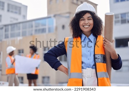 Construction worker, woman with blueprint and floor plan, engineering and architect at work site. Project management, portrait and happy female contractor, building industry and labor outdoor Royalty-Free Stock Photo #2291908343