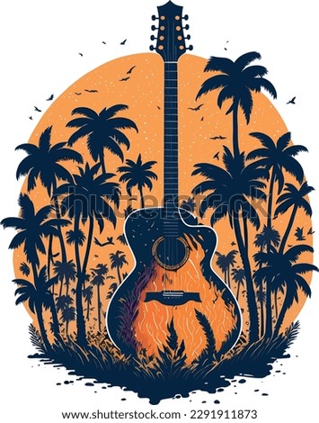 Vintage Acoustic Guitar Palm Tree Sunset View Vector Retro Illustration 