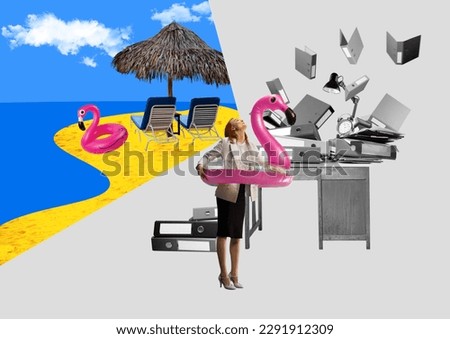 Office worker, business woman standing in swimming circle at work and dreaming about vacation on beach and ocean. Contemporary art collage. Concept of business and vacation, inspiration, surrealism