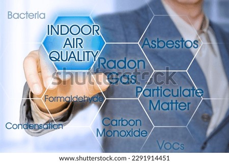 HOW IS THE AIR QUALITY IN YOUR HOME? - concept with the most common dangerous domestic pollutants with business manager pointing to icons against a digital display Royalty-Free Stock Photo #2291914451