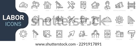 Set of line icons related to labor, construction, labour day, renovation. Outline icon collection. Vector illustration. Editable stroke. Royalty-Free Stock Photo #2291917891