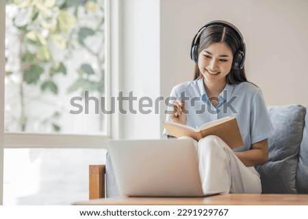 Asian girl student online learning class study online video call zoom teacher, Happy asian girl learn english language online with computer laptop.. Royalty-Free Stock Photo #2291929767
