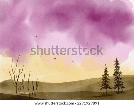 A watercolor painting of a landscape with trees and a sky with clouds.