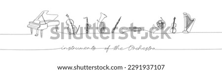Instruments of the Orchestra set one line art. Continuous line drawing of grand piano, tuba, trumpet, french horn, violin, cello, harp with an inscription, lettering, handwritten. Royalty-Free Stock Photo #2291937107