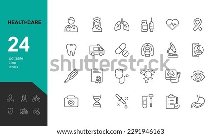 Healthcare Line Editable Icons set. Vector illustration in modern thin line style of medical icons:  instruments, research, organs, tests, and bacteria. Pictograms and infographics for mobile apps. Royalty-Free Stock Photo #2291946163