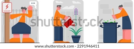 Set of cartoon characters of senior people doing their household duties. Time for watering plants and cooking. Concept of housekeeping and retirement. Happy old age. Vector