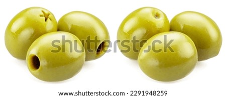 Three pitted olives and three whole olives isolated on white background. Royalty-Free Stock Photo #2291948259