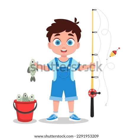 Cute boy with a fishing rod in his hand caught a fish