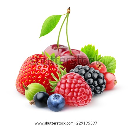 Isolated fresh berries. Strawberry, cherry, raspberry, blackberry, red and black currants, blueberry and gooseberry isolated on white background, with clipping path