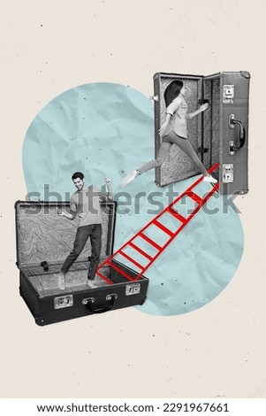 Vertical collage picture of two black white gamma people dance climb ladder huge retro valise isolated on creative background