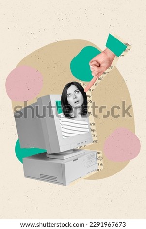 Vertical collage picture of arm point finger black white colors girl inside pc screen isolated on painted background