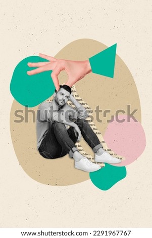 Vertical collage of young sad man sit lonely melancholy thinking how continue life without girlfriend isolated on beige drawn background Royalty-Free Stock Photo #2291967767