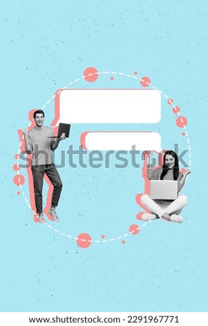 Vertical creative photo artwork collage of happy satisfied people colleagues solving tasks at distance work isolated drawing background
