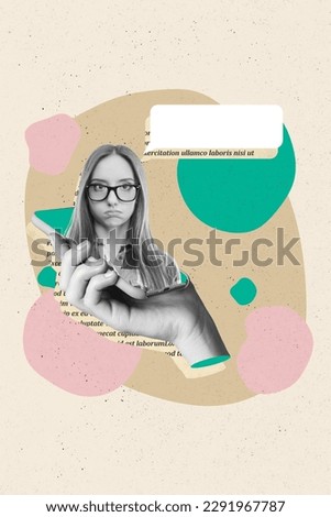 Vertical collage image of black white gamma arm hold smart phone display mini unsatisfied girl empty space dialogue bubble