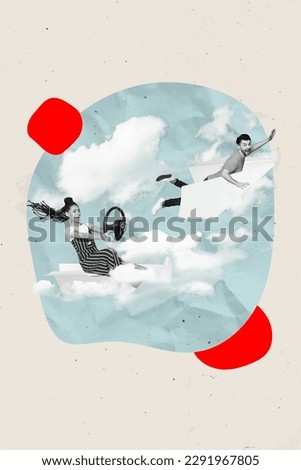 Exclusive magazine picture sketch collage image of funny couple flying clouds isolated creative background