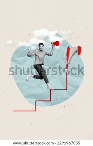 Creative photo collage of young excited career progress active guy hold megaphone growing rising salary isolated on drawing background