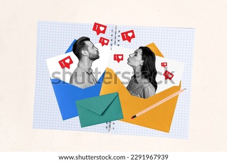 Collage inspiration photo poster two people couple send air kisses inside envelope love correspondence romantic lettering