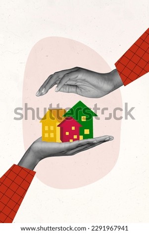 Vertical collage picture of black white colors arms palms hold cover protect mini painted houses isolated on white background