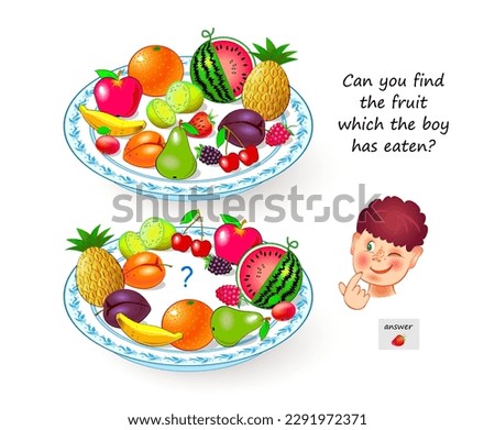 Logic puzzle for children and adults. Can you find the fruit which the boy has eaten? Educational game. Page for kids brain teaser book. Task for attentiveness. IQ test. Play online. Cartoon vector. Royalty-Free Stock Photo #2291972371