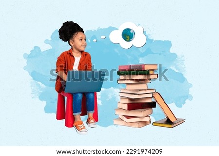 Creative collage picture of minded positive small girl sit chair use netbook pile stack book think planet earth isolated on blue background