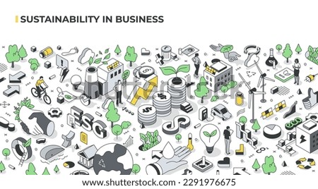 Sustainability isometric illustration. Depicts a business's efforts to promote sustainability by reducing waste and promoting recycling, reuse of products and materials for more sustainable future Royalty-Free Stock Photo #2291976675
