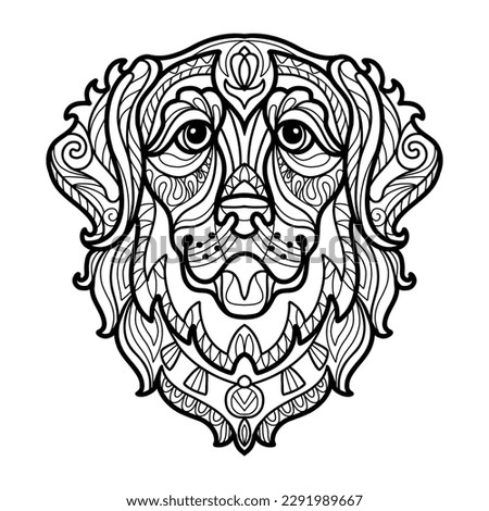 Abstract dog with decorative ornaments and doodle elements. Close up Golden retriever dog head. Vector illustration. For adult antistress coloring page, print, design, decor, T-shirt, tattoo,embrodery