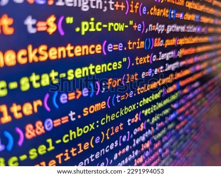 Admi. Programming code abstract screen. Software abstract background. Programmer software workplace. Displaying program code on computer. Screen of web developing javasc