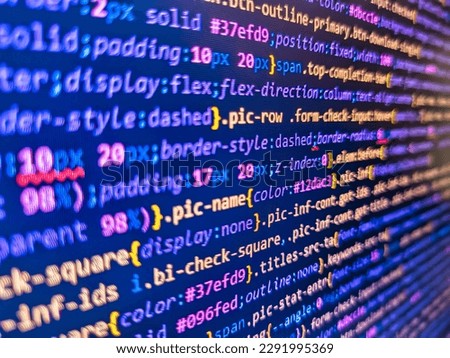 Software background technology. Fabric tweed texture, background. Python programming developer code. CSS, JavaScript and HTML usage. 