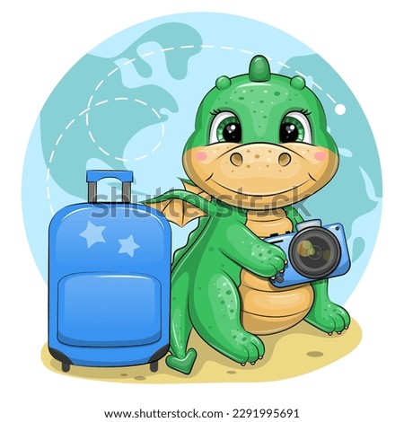 A cute cartoon green dragon is holding a camera and sitting next to a luggage bag. Travel animal vector illustration on blue background with map.